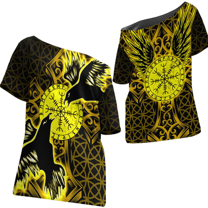 1stIreland Clothing - Viking Raven and Compass - Gold Version - Off Shoulder T-Shirt A95 | 1stIreland