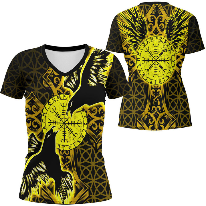 1stIreland Clothing - Viking Raven and Compass - Gold Version - V-neck T-shirt A95 | 1stIreland