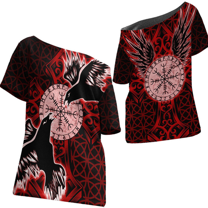 1stIreland Clothing - Viking Raven and Compass - Red Version - Off Shoulder T-Shirt A95 | 1stIreland