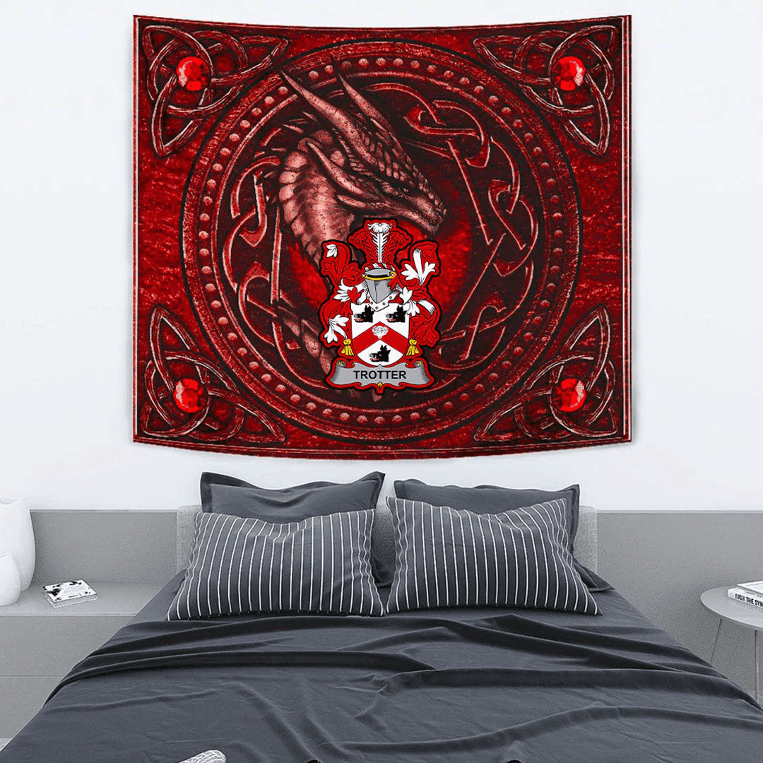 1stIreland Ireland Tapestry - Trotter Irish Family Crest Tapestry - Celtic Dragon With Celtic Knot Tapestry Red A7 | 1stIreland