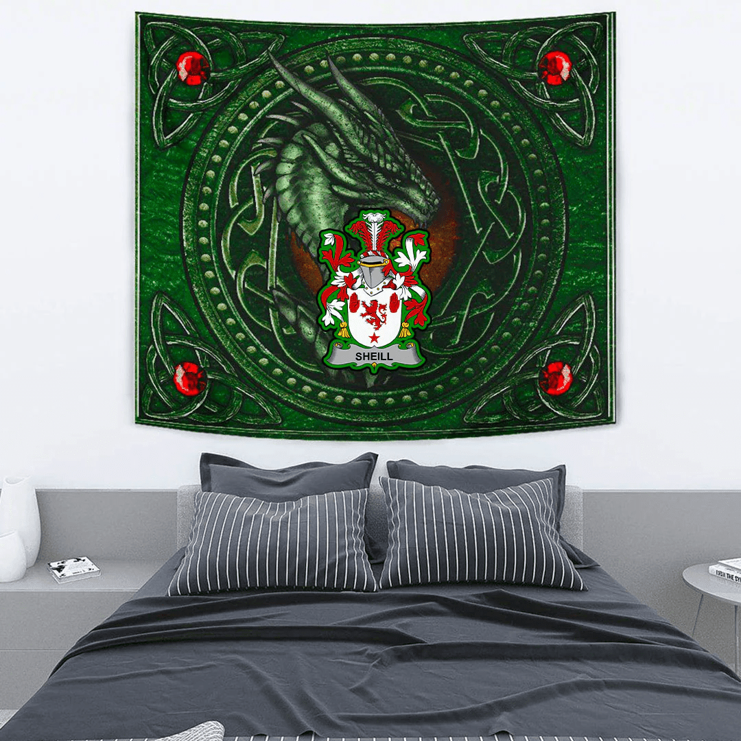 1stIreland Ireland Tapestry - Sheill or O Sheil Irish Family Crest Tapestry - Celtic Dragon With Celtic Knot Tapestry Green A7 | 1stIreland