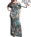 Women's Off Shoulder Long Dress - Tropical Palm Leaves with Turtle A7 | 1stIreland