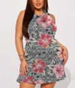 Women's Casual Sleeveless Dress - Pink Hibiscus Flower With Hawaiian Tribal A7