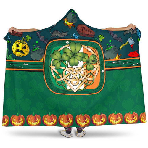 Irish Halloween Blanket, Ireland Flag Shamrock Hooded Blanket K4