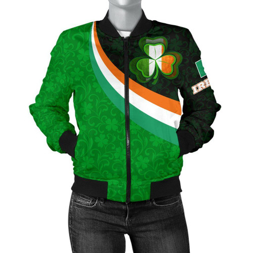 Ireland Celtic Women's Bomber Jacket - Irish Flag with Shamrock Patterns - BN18