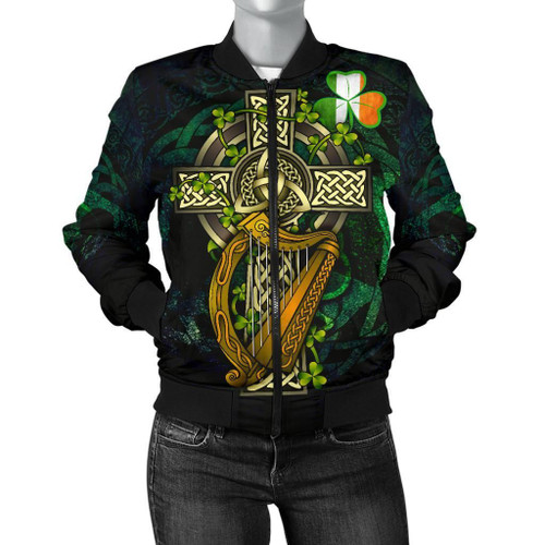 Ireland Celtic Women's Bomber Jacket  - Ireland Coat Of Arms with Celtic Cross - BN18