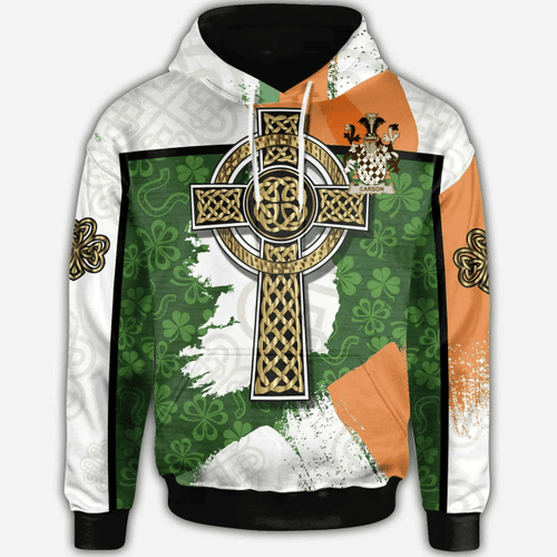 1stIreland Ireland Hoodie - Carson Irish Family Crest Hoodie - Irish Shamrock With  Cross A7