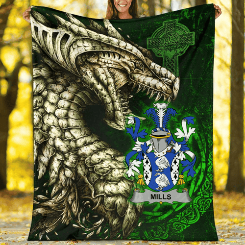 1stIreland Ireland Premium Blanket - Mills Family Crest Blanket - Dragon Claddagh Cross A7