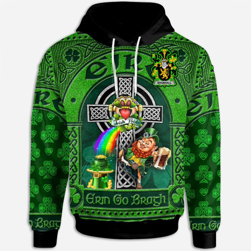 1stIreland Ireland Hoodie - Bramhall Irish Family Crest Hoodie - Leprechaun with  Claddagh Ring Cross A7