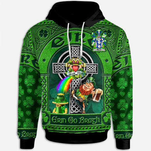 1stIreland Ireland Hoodie - Mills Irish Family Crest Hoodie - Leprechaun with  Claddagh Ring Cross A7