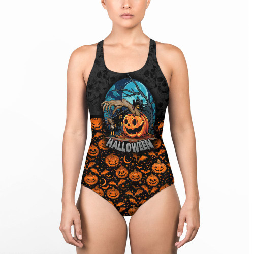 1stIreland Clothing - Halloween Pumpkin Giving Out Zombie Hands - Women Low Cut Swimsuit A7