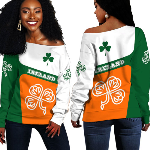 1stIreland Clothing - Ireland Three Leaf Clover Celtic Off Shoulder Sweaters A35