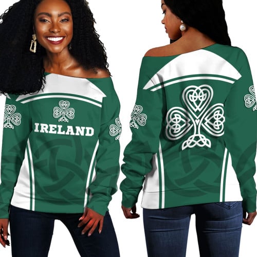 1stIreland Clothing - Ireland Three Leaf Clover Celtic Knot Off Shoulder Sweaters A35