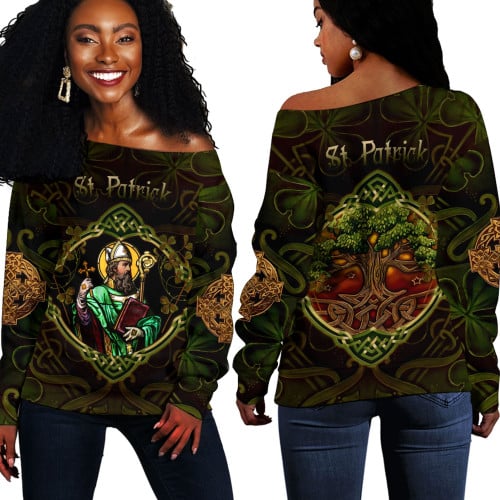 1stIreland Clothing - ST Patrick Day Yggdrasil Three Leaf Clover Celtic Style Off Shoulder Sweaters A94