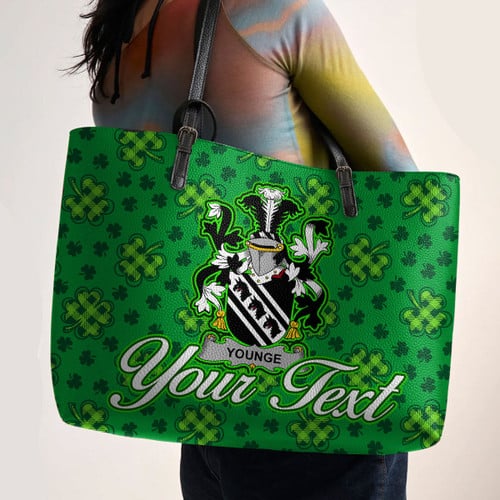 Ireland Younge Irish Family Crest Leather Tote Bag - Pretty Green Plaid Irish Shamrock A7