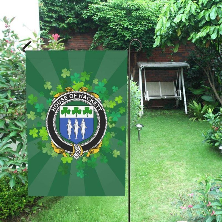 Irish Garden Flag, Hackett Family Crest Shamrock Yard Flag A9