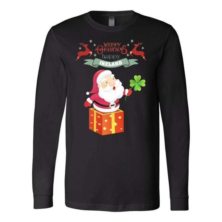 Merry Christmas Happy Ireland S1 Canvas Long Sleeve Shirt / Black S T-Shirts