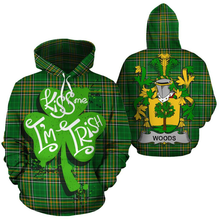 Woods Family Crest Ireland National Tartan Kiss Me I'm Irish Hoodie