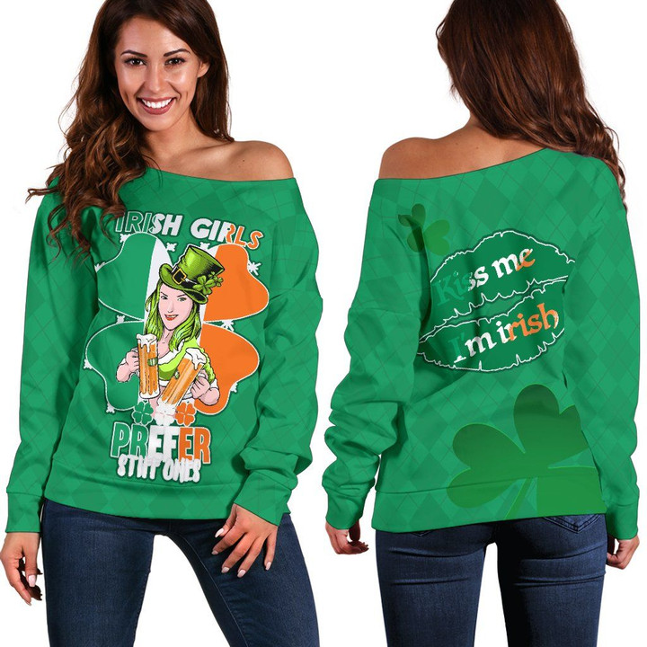 Patrick's Day Off Shoulder Sweater Irish Girl Shamrock  | 1stIreland
