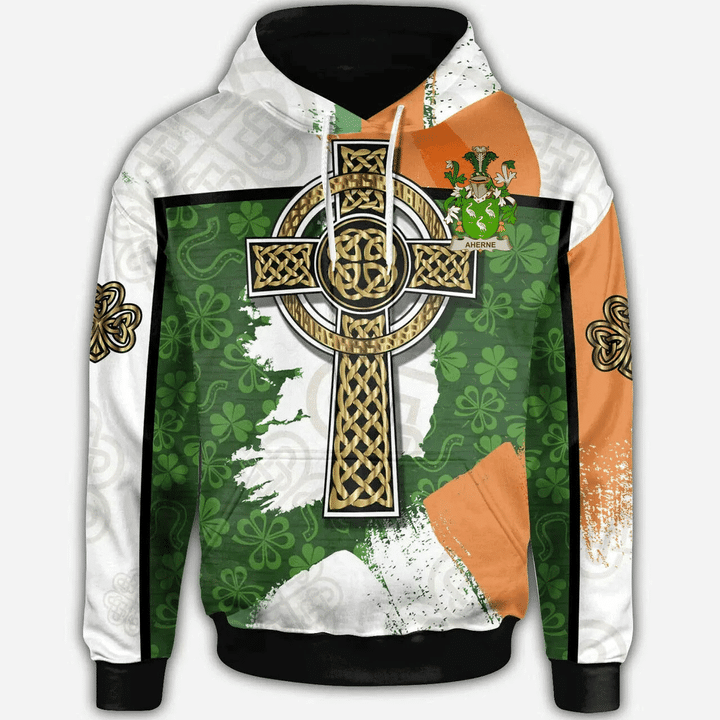 1stIreland Ireland Hoodie - Aherne or Mulhern Irish Family Crest Hoodie - Irish Shamrock With Celtic Cross A7 | 1stIreland.com