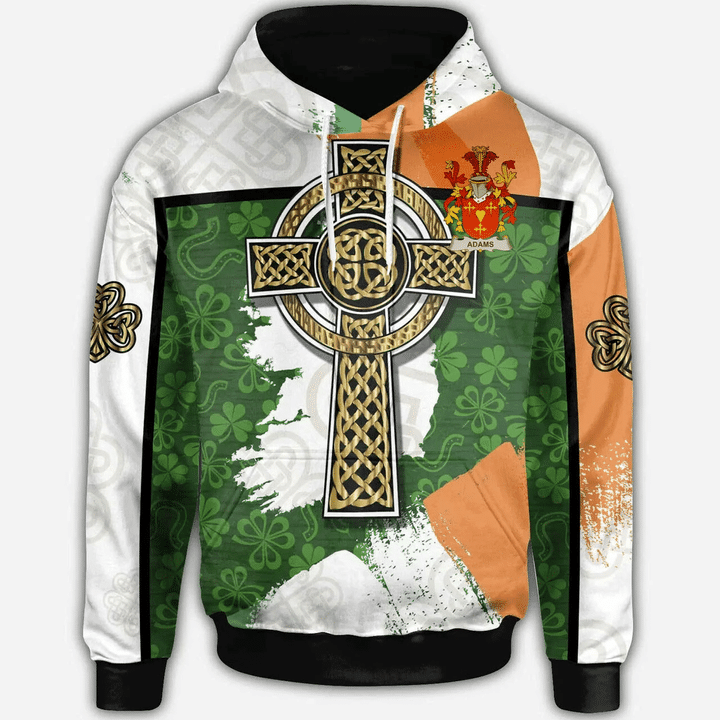 1stIreland Ireland Hoodie - Adams Irish Family Crest Hoodie - Irish Shamrock With Celtic Cross A7 | 1stIreland.com