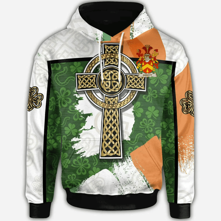 1stIreland Ireland Hoodie - Abbott Irish Family Crest Hoodie - Irish Shamrock With Celtic Cross A7 | 1stIreland.com