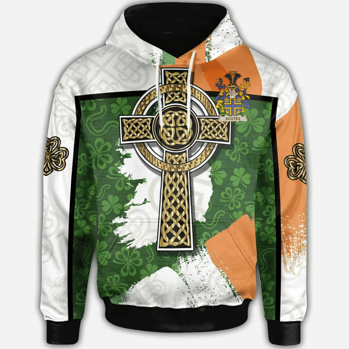 1stIreland Ireland Hoodie - Acotes Irish Family Crest Hoodie - Irish Shamrock With Celtic Cross A7 | 1stIreland.com