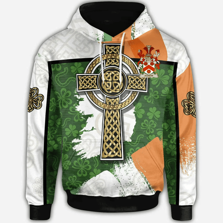 1stIreland Ireland Hoodie - Agnew Irish Family Crest Hoodie - Irish Shamrock With Celtic Cross A7 | 1stIreland.com