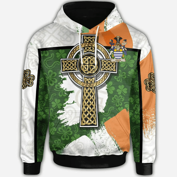 1stIreland Ireland Hoodie - Aiken Irish Family Crest Hoodie - Irish Shamrock With Celtic Cross A7 | 1stIreland.com
