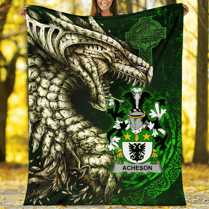 1stIreland Ireland Premium Blanket - Acheson Family Crest Blanket - Dragon Claddagh Cross A7 | 1stIreland.com