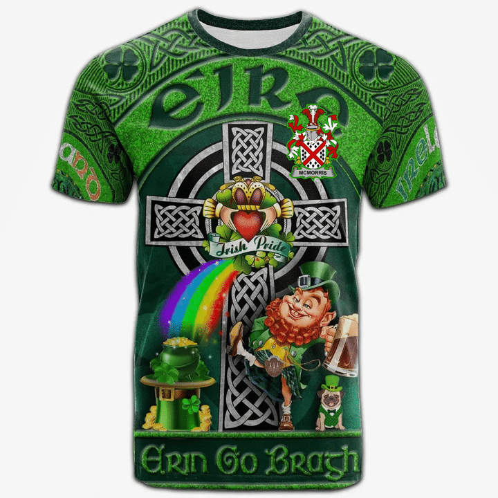 1stIreland Ireland T-Shirt - McMorris or McMoresh Crest Tee - Irish Shamrock with Claddagh Ring Cross A7 | 1stIreland.com