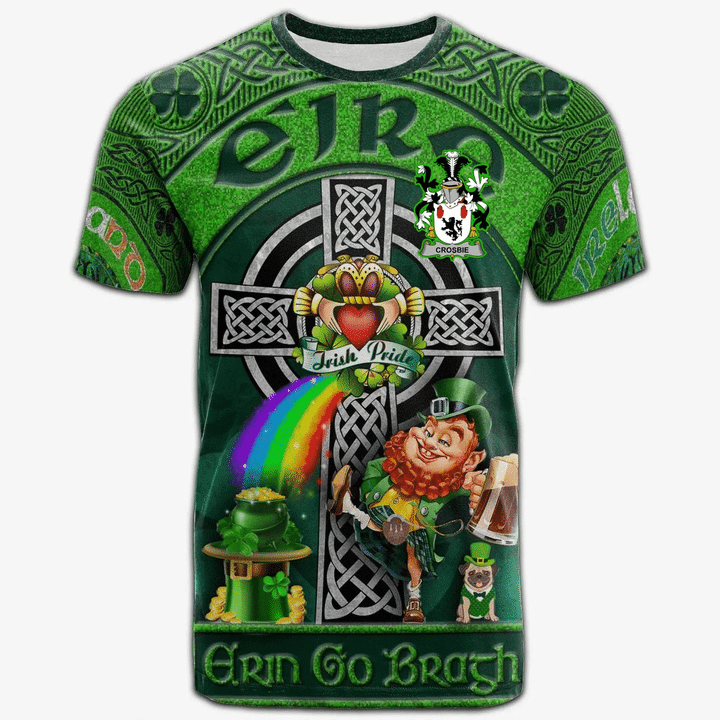 1stIreland Ireland T-Shirt - Crosbie or McCrossan Crest Tee - Irish Shamrock with Claddagh Ring Cross A7 | 1stIreland.com