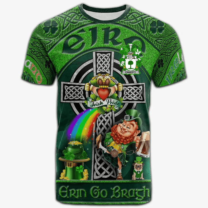 1stIreland Ireland T-Shirt - Finnerty or O'Finaghty Crest Tee - Irish Shamrock with Claddagh Ring Cross A7 | 1stIreland.com