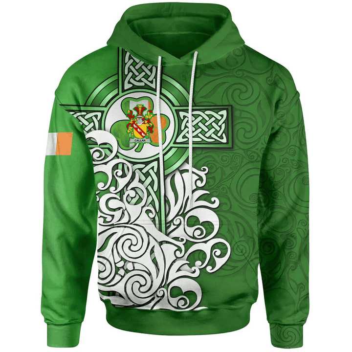 1stIreland Ireland Hoodie - Callan or O'Callan Irish Family Crest Hoodie - Irish Shamrock Flag With Celtic Cross A7 | 1stIreland.com