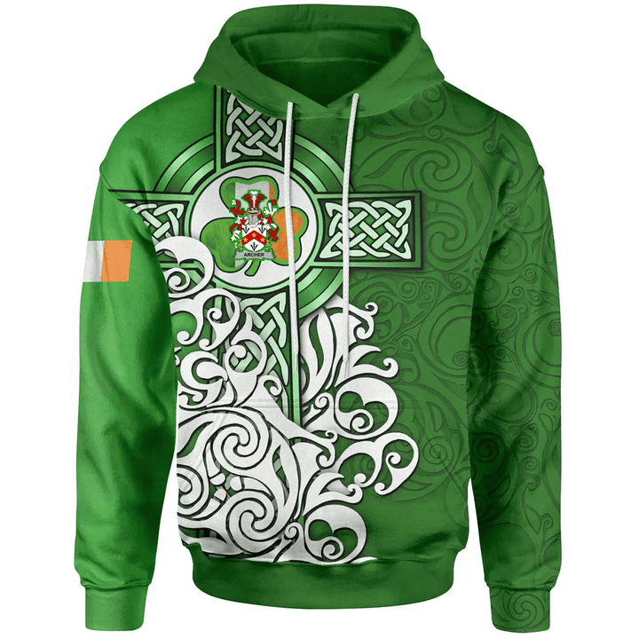 1stIreland Ireland Hoodie - Archer Irish Family Crest Hoodie - Irish Shamrock Flag With Celtic Cross A7 | 1stIreland.com