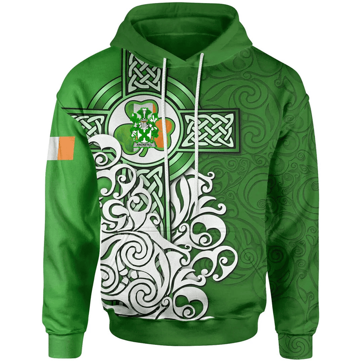 1stIreland Ireland Hoodie - Ancketill Irish Family Crest Hoodie - Irish Shamrock Flag With Celtic Cross A7 | 1stIreland.com