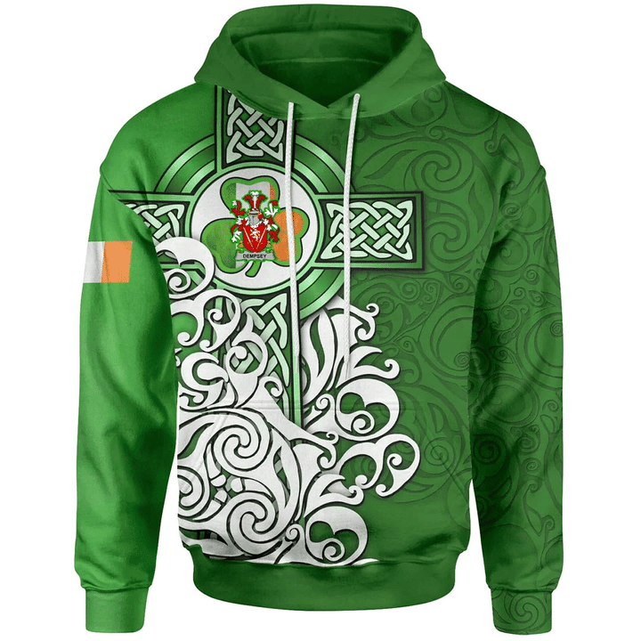 1stIreland Ireland Hoodie - Dempsey or O'Dempsey Irish Family Crest Hoodie - Irish Shamrock Flag With Celtic Cross A7 | 1stIreland.com