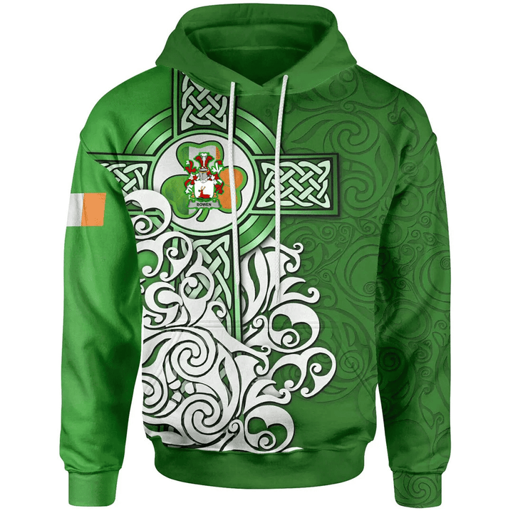 1stIreland Ireland Hoodie - Bowen Irish Family Crest Hoodie - Irish Shamrock Flag With Celtic Cross A7 | 1stIreland.com