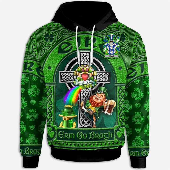 1stIreland Ireland Hoodie - Mills Irish Family Crest Hoodie - Leprechaun with Celtic Claddagh Ring Cross A7 | 1stIreland.com