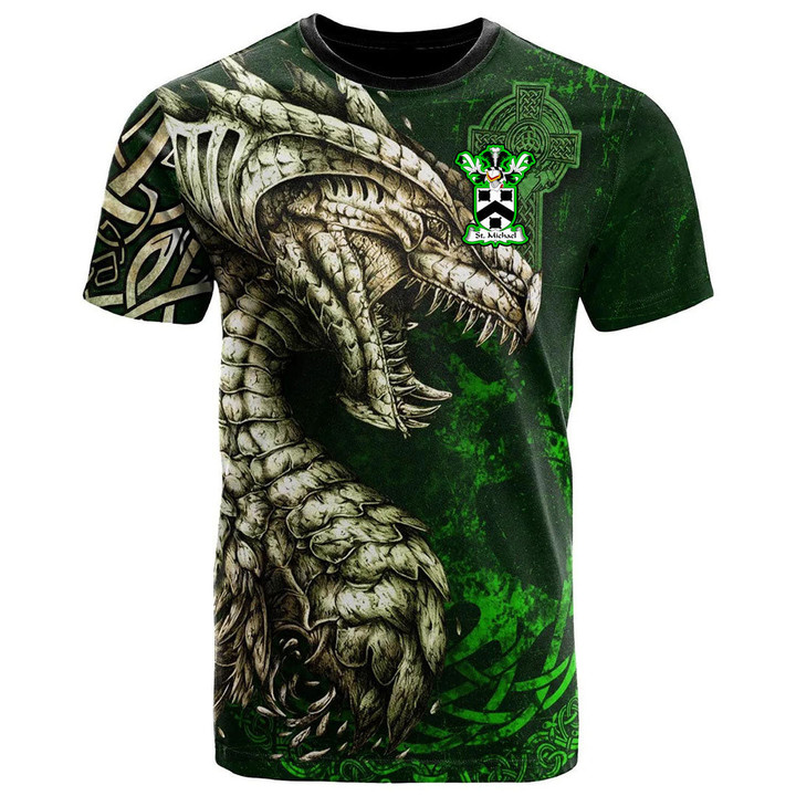 1stIreland Tee - St. Michael Family Crest T-Shirt - Dragon & Claddagh Cross A7 | 1stIreland