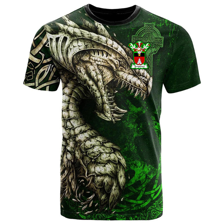 1stIreland Tee - Templeton Family Crest T-Shirt - Dragon & Claddagh Cross A7 | 1stIreland
