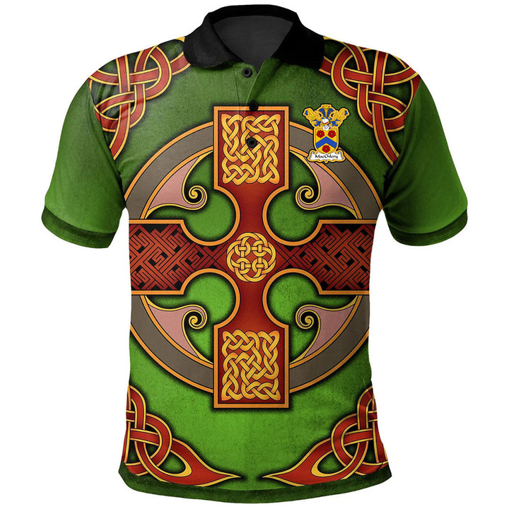 1stIreland Polo Shirt - MacChlery or MacClary Family Crest Polo Shirt - Vintage Green Celtic Cross - Golf Shirt A7 | 1stIreland
