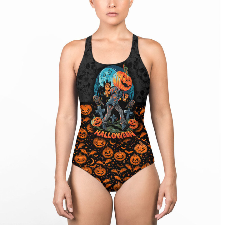 1stIreland Clothing - Halloween A Pumpkin Headed Human Walks - Women Low Cut Swimsuit A7 | 1stIreland