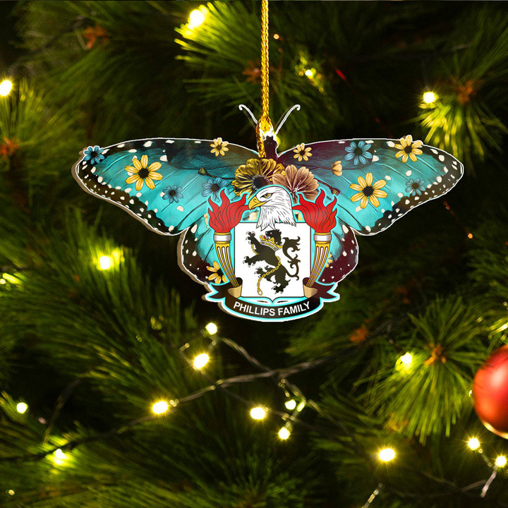 1stIreland Ornament - Phillips American Family Crest Custom Shape Ornament - Blue Butterfly A7 | 1stIreland