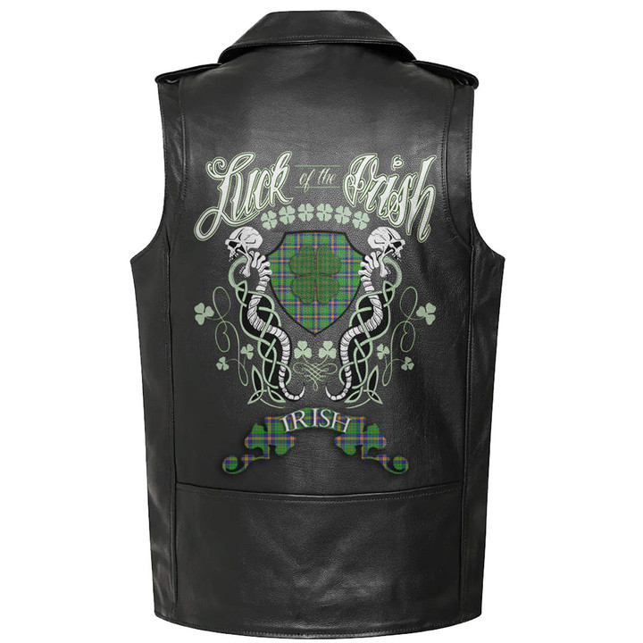 1stIreland Clothing - New Mexico Tartan Luck of the Irish Sleeve Leather Sleeveless Biker Jacket A35