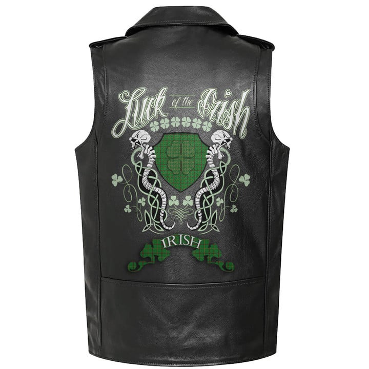 1stIreland Clothing - Tribe of Mar Tartan Luck of the Irish Sleeve Leather Sleeveless Biker Jacket A35