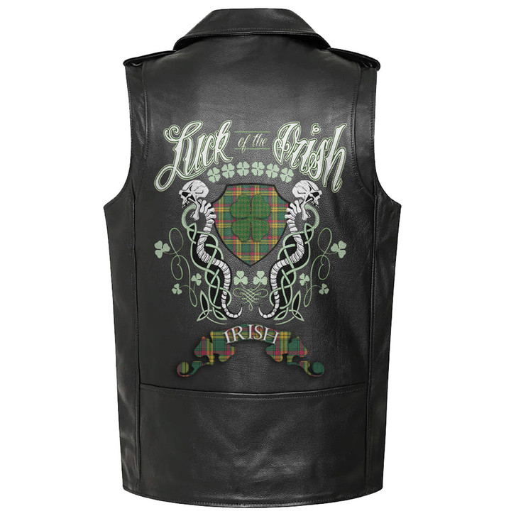 1stIreland Clothing - MacMillan Old Ancient Tartan Luck of the Irish Sleeve Leather Sleeveless Biker Jacket A35
