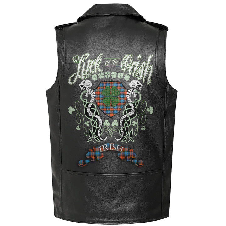 1stIreland Clothing - MacLachlan Ancient Tartan Luck of the Irish Sleeve Leather Sleeveless Biker Jacket A35