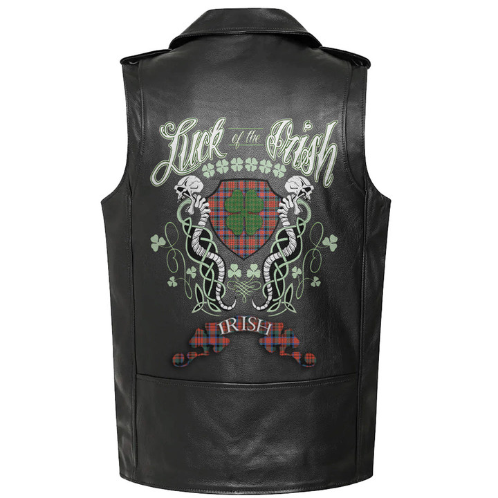 1stIreland Clothing - MacDuff Ancient Tartan Luck of the Irish Sleeve Leather Sleeveless Biker Jacket A35