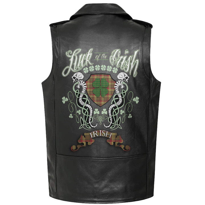 1stIreland Clothing - MacMillan Old Weathered Tartan Luck of the Irish Sleeve Leather Sleeveless Biker Jacket A35